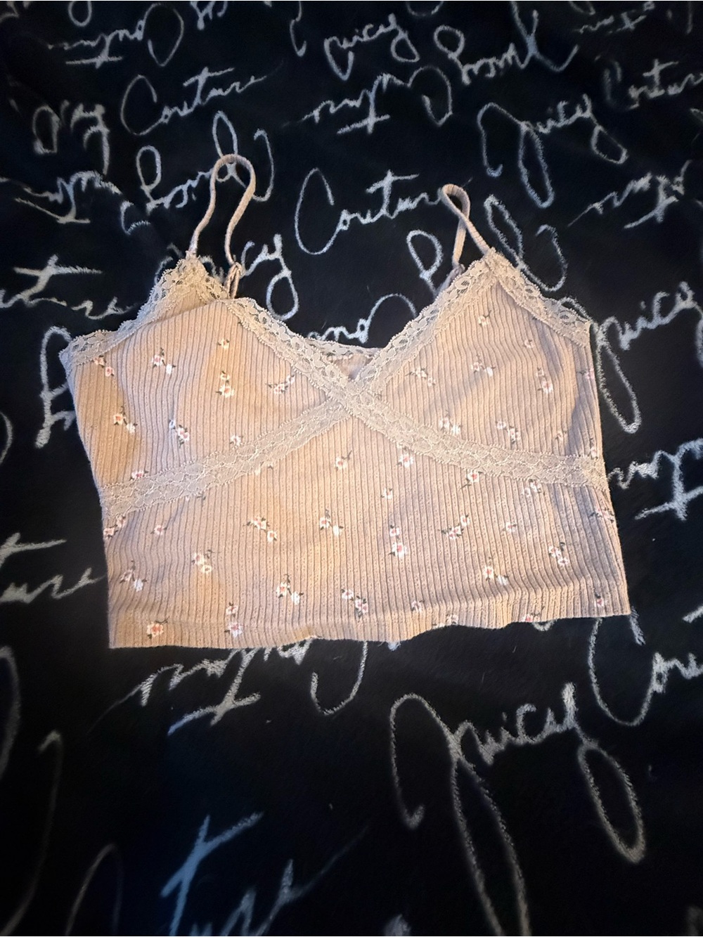 Aeropostale Beige Floral Lace-Trim Ribbed Cami